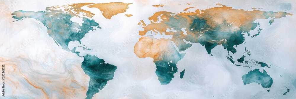 Aufkleber world map design with turquoise and gold colors on a white background showcasing continents and ocea