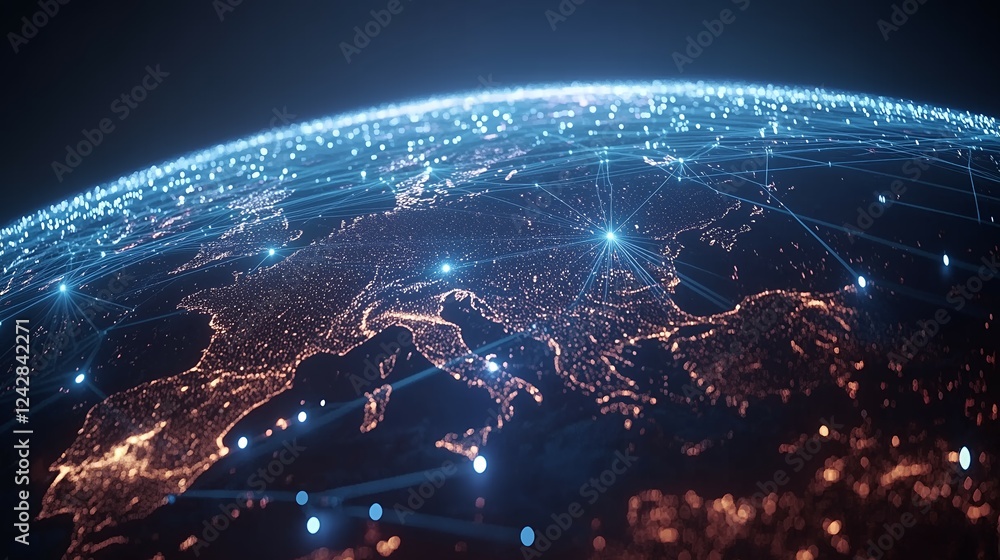 Poster digital world connection, illuminated earth with network connections, concept global network, data c