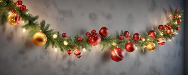 Watercolor Christmas garland with ornaments and lights, watercolor, white background, decoration, lights