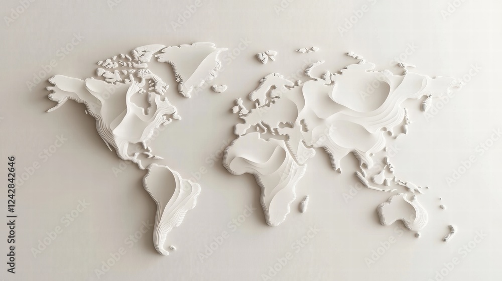Poster intricate relief map of the world displayed on a textured white wall in a modern interior space. gen
