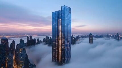 Fototapeta premium Modern skyscraper piercing through clouds, vibrant sunset reflecting off glass facade, urban skyline silhouette, ideal for skyline themes.