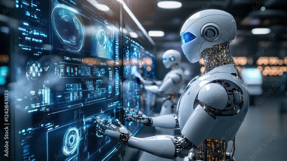 Poster Advanced Robots Interact With Futuristic Data Screens