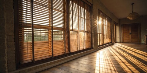 Obraz premium Warm golden light filters through old wooden blinds creating a cozy atmosphere, nostalgic feel, vintage sunbeams background