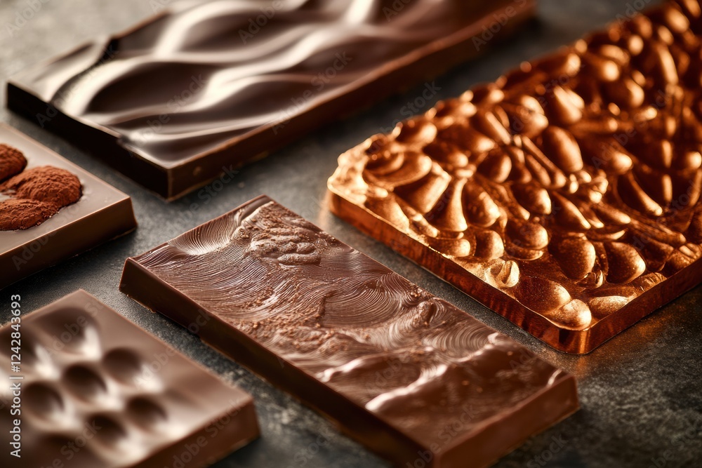 Poster different types of chocolate bars arranged aesthetically on a dark surface for a tempting visual app