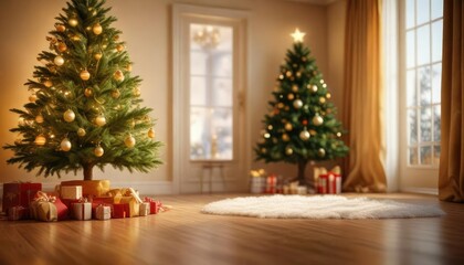 Warm and inviting Christmas tree in golden light against soft focus background, soft focus, holiday season