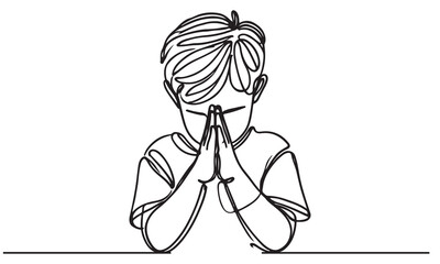 continuous one single black line art doodle drawing of kid sitting and apologize hand gesture to pray illustration on white background