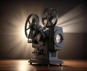 Fototapeta premium Vintage film projector with glowing cinematic spotlight, Movie, Retro, Nostalgia
