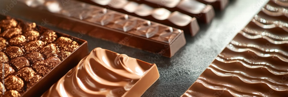 Poster various chocolate bars displayed on a dark background showing different textures and designs in an a