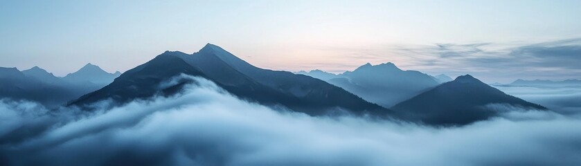 Fototapeta premium A serene mountain landscape emerges through a blanket of fog during sunrise, highlighting majestic peaks under a soft blue sky.