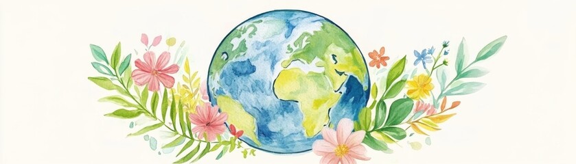 Fototapeta premium A vibrant watercolor illustration of Earth surrounded by colorful flowers, symbolizing nature, beauty, and the need for environmental preservation.