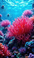 Obraz premium Vibrant sea anemones waving in the ocean current, marine life, ocean currents, colorful fish