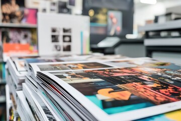 Stack of freshly printed colorful design magazines