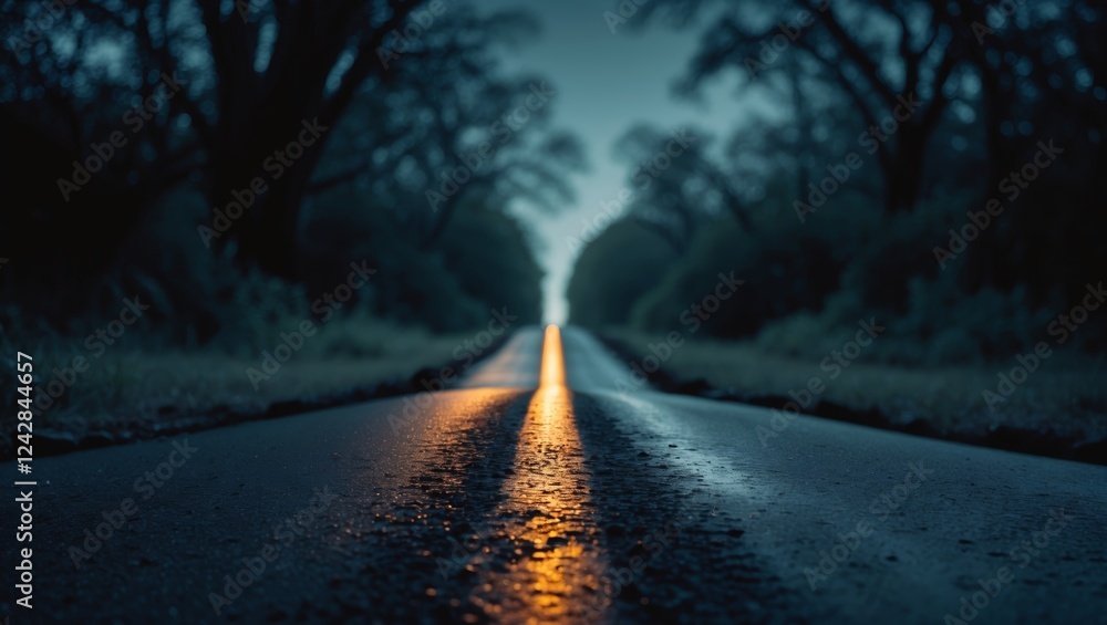 Poster long winding road illuminated by soft light at dusk with trees lining the sides creating a tranquil 