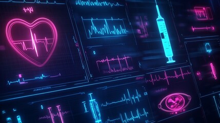 Medical monitoring display showcasing a range of diagnostics and patient vitals in neon glow style