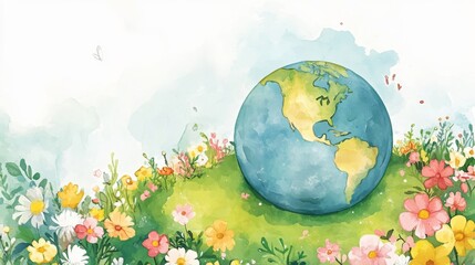 A vibrant watercolor illustration of the Earth sitting amidst a lush field of colorful flowers, symbolizing nature's beauty and harmony.