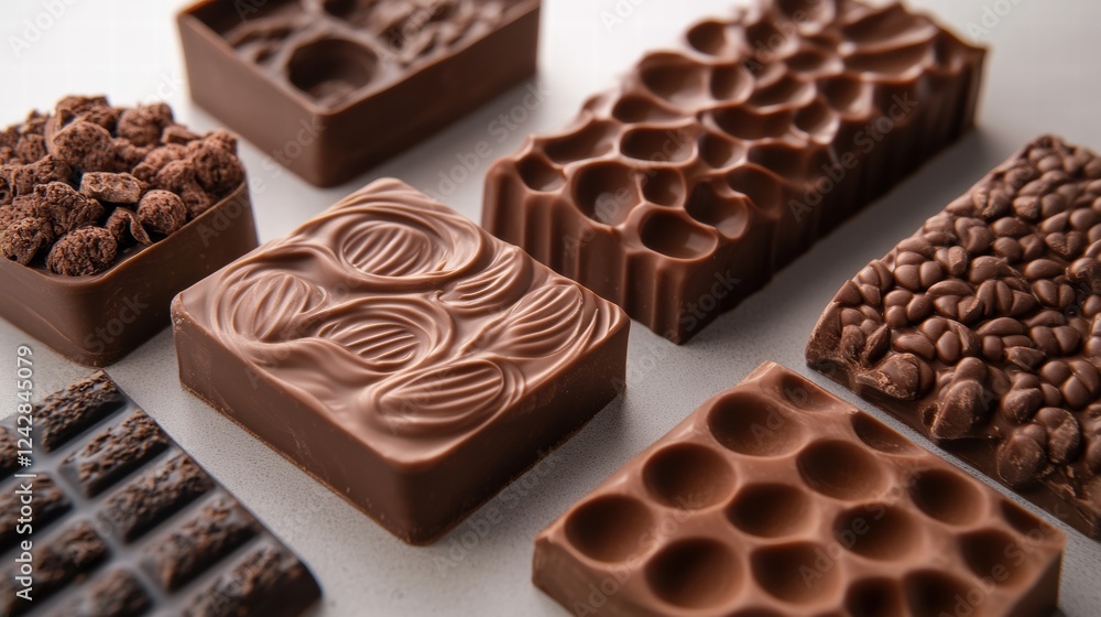 Poster various types of chocolate displayed on a white surface in artistic arrangement. generative ai