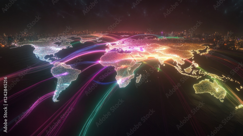 Poster global network illuminating world connections through light