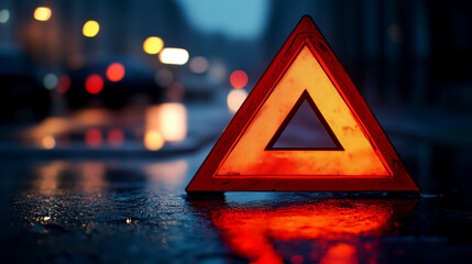Red emergency triangle on the road. Emergency triangle at night, danger and alertness needed on night and wet roads.