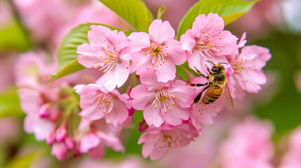 Fototapeta premium Close-up of Pink Cherry Blossoms in Full Bloom with a Bee Collecting Nectar, Highlighting Nature's Beauty and the Vital Role of Pollinators