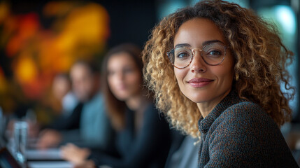 Obraz premium Confident Businesswoman Portrait Glasses Curly Hair Professional Success Goal Smile Happy Style 