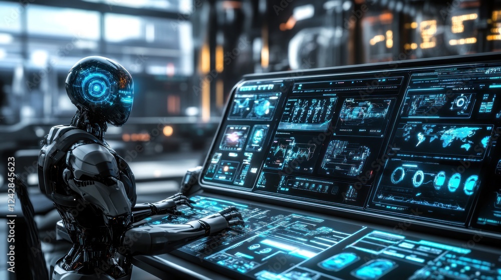 Poster Advanced Robot Operates Futuristic Control Panel