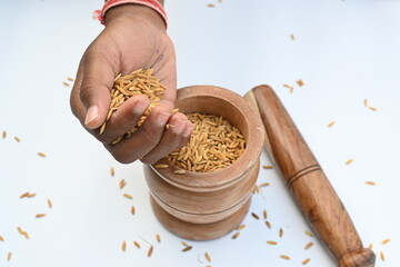 Pounding paddy with wooden mortar and pestle. Traditional method of food preparation. In the olden...