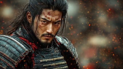 Powerful portrait of a samurai warrior in detailed armor on a battlefield backdrop