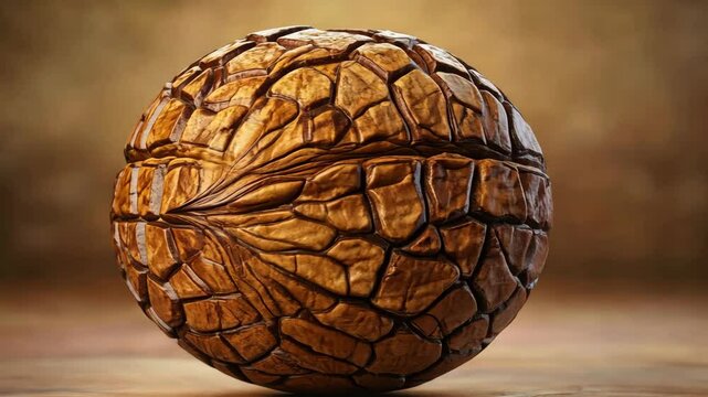 Weathered brown sphere spinning, exposing cracked surface patterns with nuanced texture against soft earthy backdrop, emphasizing organic geometric morphology