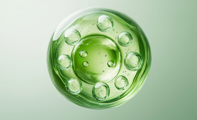 green water liquid bubble, drops, transparent sphere ball, moisture serum, molecules cells, water splash,3d render,Cosmetic and luxury product