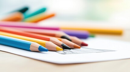 Assortment of colorful pencils on white paper in a bright environment. Creative tools for art, design, and education.