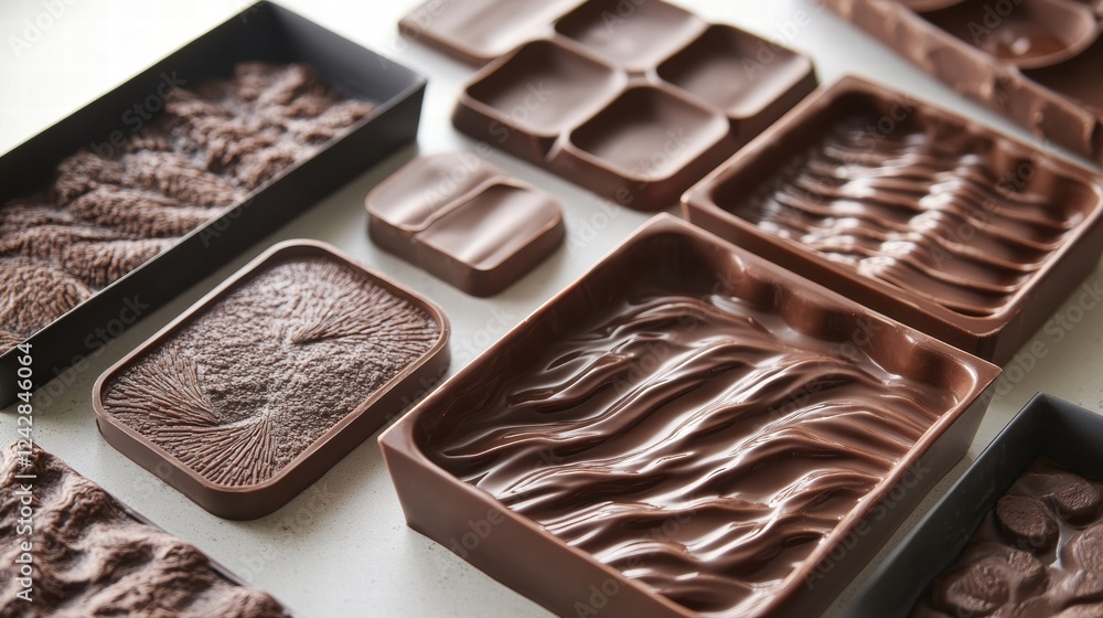 Poster molds filled with chocolate showcase unique textures in a bright kitchen setting during daytime. gen