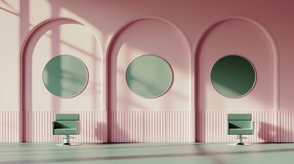 Pink salon interior with arched windows and green chairs.