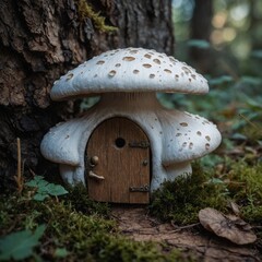 A charming white mushroom with a tiny wooden door, home to a fairy.
