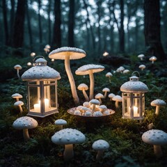 A whimsical mushroom tea party, with glowing white mushrooms as table lanterns.