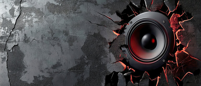 Dark techno backdrop featuring a shattered audio speaker and abstract graffiti elements for modern music events