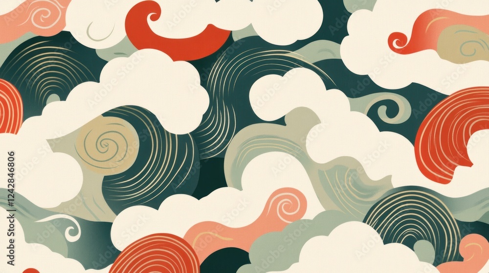 Poster Abstract swirling cloudscape design with red and green tones