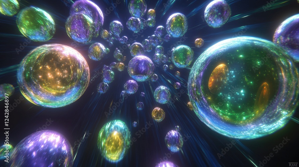 Poster iridescent spheres float through cosmic space