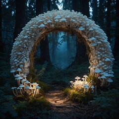 A fairytale setting where white mushrooms create a glowing archway to another world.