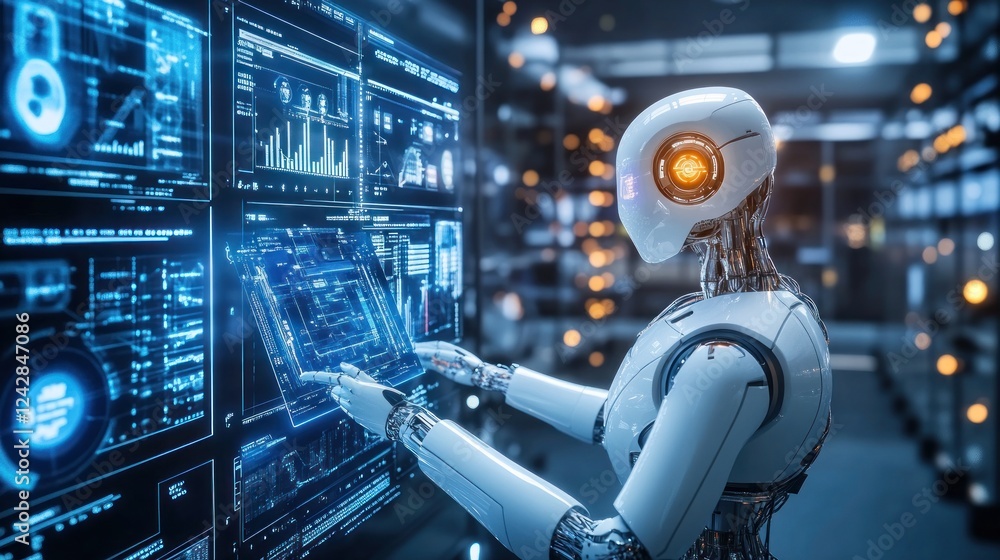 Poster Advanced Robot Interacts With Futuristic Data Screens