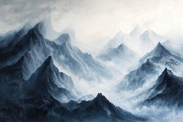 Obraz premium Mysterious mountain landscape enveloped in mist, showcasing dramatic peaks and soft light, ideal for creating a sense of adventure and tranquility.