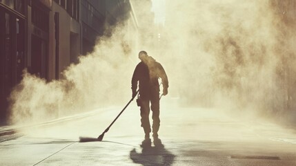 A street cleaner spraying water to settle dust on a busy urban road surrounded by hazy air