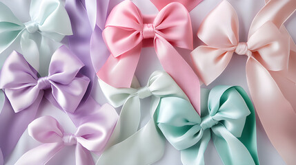 A delicate selection of satin ribbon bows in soft pastel colors such as pink, lavender, and mint green. This elegant set is ideal for detailed crafting, gift wrapping