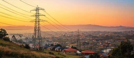 Sunrise over suburban town, power lines, hills