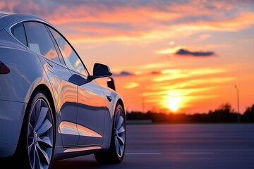 Side view of a modern electric car reflecting colorful sunset sky. innovation in sustainable transportation