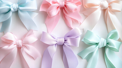 A delicate selection of satin ribbon bows in soft pastel colors such as pink, lavender, and mint green. This elegant set is ideal for detailed crafting, gift wrapping