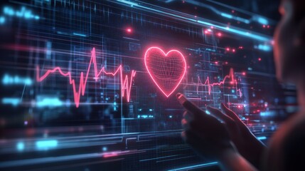 Digital Heart Rate Monitoring  Interactive screen shows heartbeat data, futuristic background, healthcare app