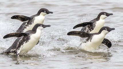 Fototapeta premium Antarctic penguins splashing, ocean, wildlife, group, nature
