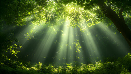 Sunbeams in lush forest, green canopy, peaceful nature scene, ideal for nature documentaries