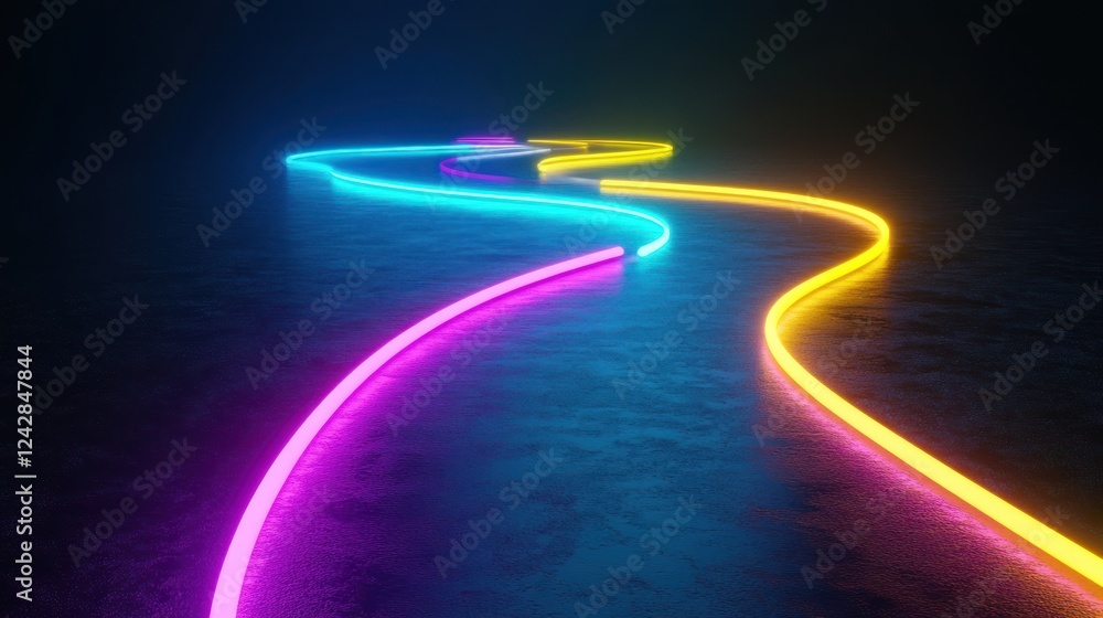 Poster vibrant neon lines curve across dark surface
