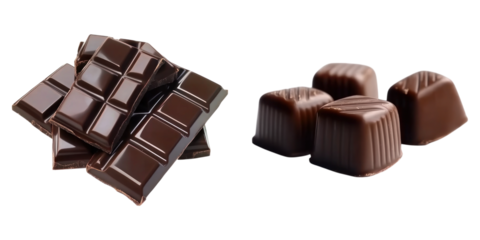 Chocolate pieces isolated on transparent background, PNG, Set of